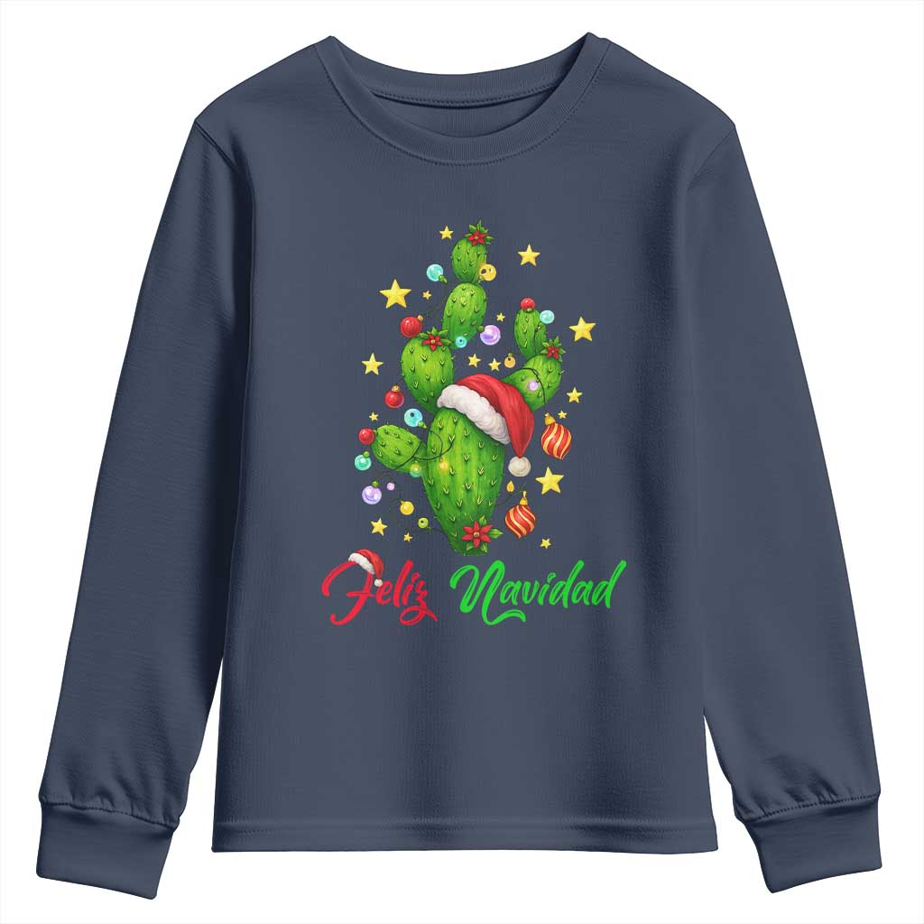 Feliz Navidad Cactus Youth Sweatshirt Funny Spanish Christmas Gift TS12 Navy Print Your Wear
