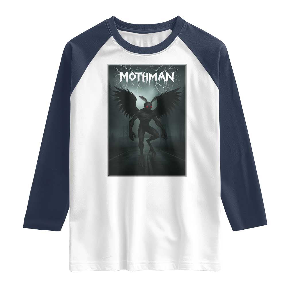 Mothman Raglan Shirt Folklore Gothic Horror Cryptid Gift TS12 White Navy Print Your Wear