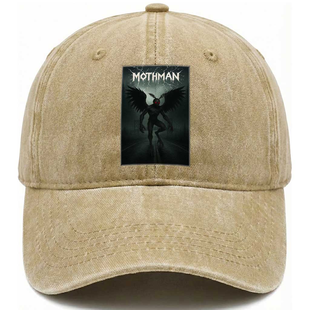 Mothman Washed Cotton Baseball Cap Folklore Gothic Horror Cryptid Gift TS12 Washed Cap Universal Fit Khaki Print Your Wear