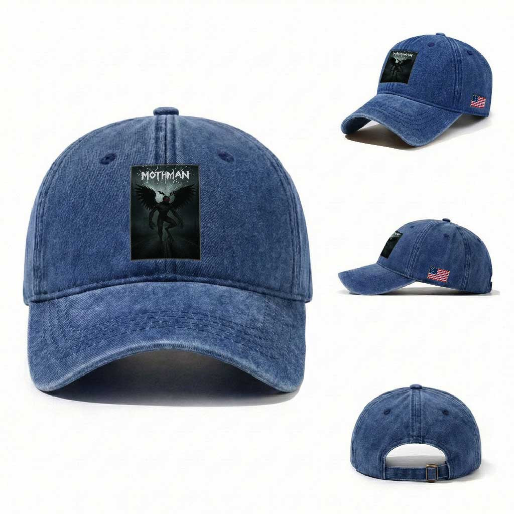 Mothman Washed Cotton Baseball Cap Folklore Gothic Horror Cryptid Gift TS12 Washed Cap Universal Fit Royal Blue Print Your Wear