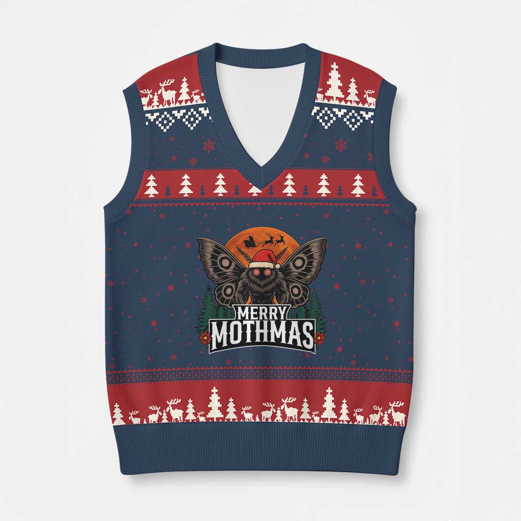 Mothman V-Neck Knit Sweater Vest Holiday Humor Merry Mothmas Cryptid Gift TS12 Navy Red Print Your Wear