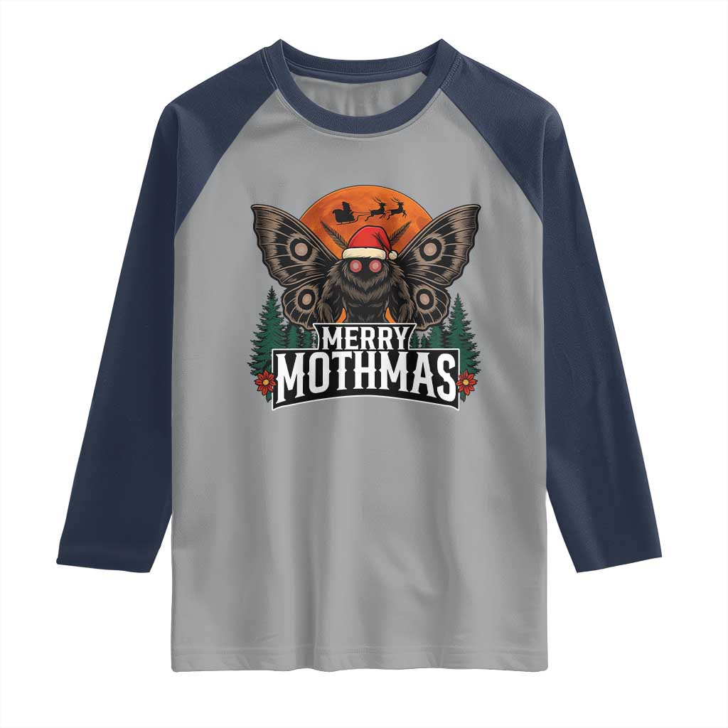 Mothman Raglan Shirt Holiday Humor Merry Mothmas Cryptid Gift TS12 Sport Gray Navy Print Your Wear
