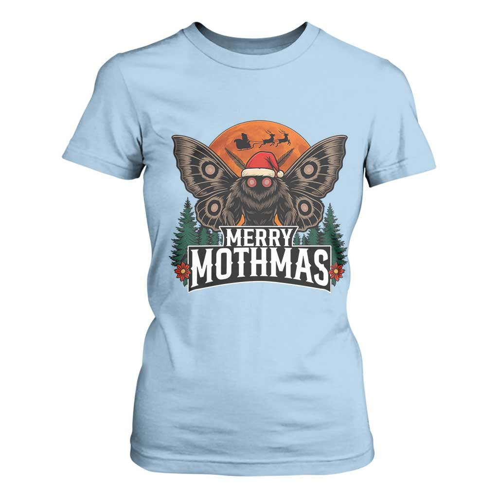 Mothman T Shirt For Women Holiday Humor Merry Mothmas Cryptid Gift TS12 Light Blue Print Your Wear