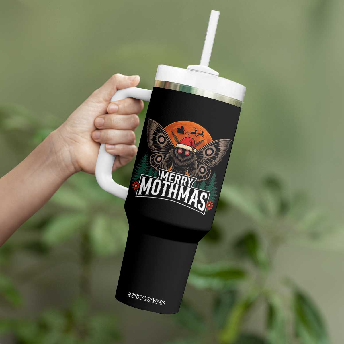 Mothman Tumbler With Handle Holiday Humor Merry Mothmas Cryptid Gift TS12 Print Your Wear
