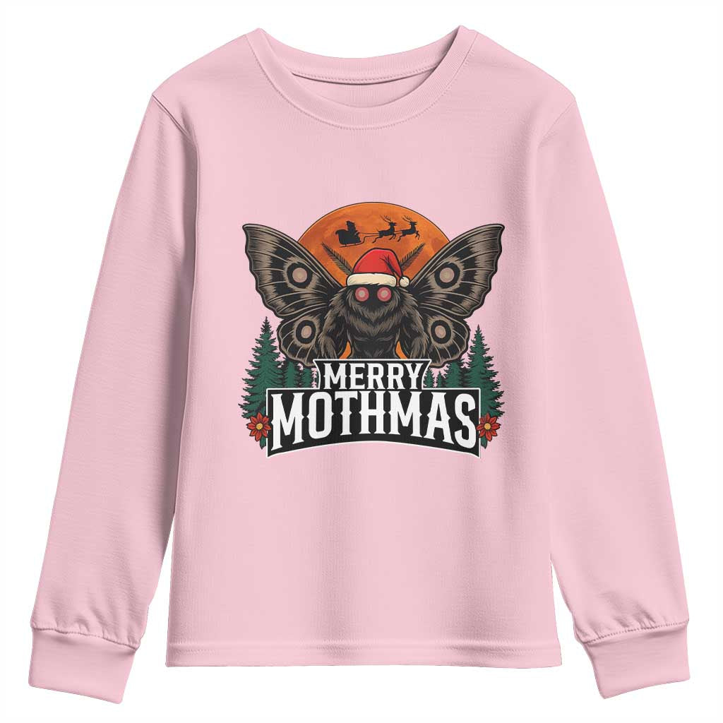 Mothman Youth Sweatshirt Holiday Humor Merry Mothmas Cryptid Gift TS12 Light Pink Print Your Wear