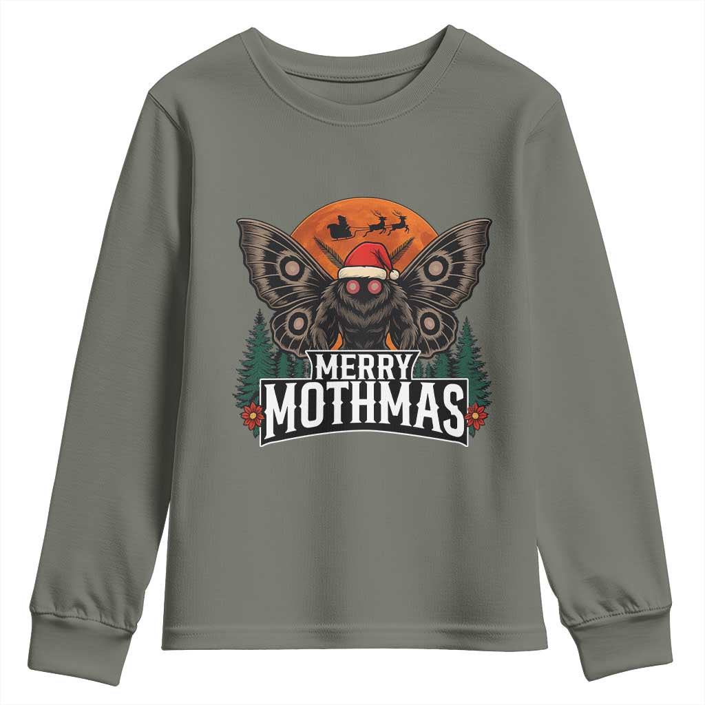 Mothman Youth Sweatshirt Holiday Humor Merry Mothmas Cryptid Gift TS12 Military Green Print Your Wear