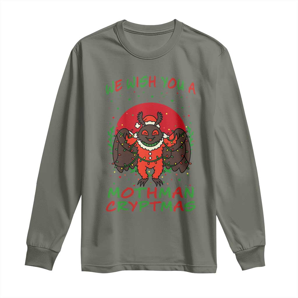 Mothman Christmas Long Sleeve Shirt We Wish You A Mothman Cryptmas Funny Christmas Gift TS12 Military Green Print Your Wear