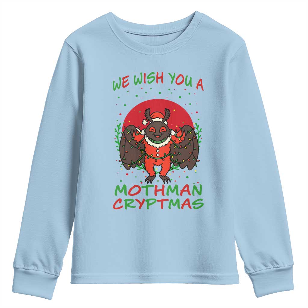 Mothman Christmas Youth Sweatshirt We Wish You A Mothman Cryptmas Funny Christmas Gift TS12 Light Blue Print Your Wear