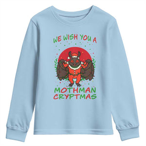 Mothman Christmas Youth Sweatshirt We Wish You A Mothman Cryptmas Funny Christmas Gift TS12 Light Blue Print Your Wear
