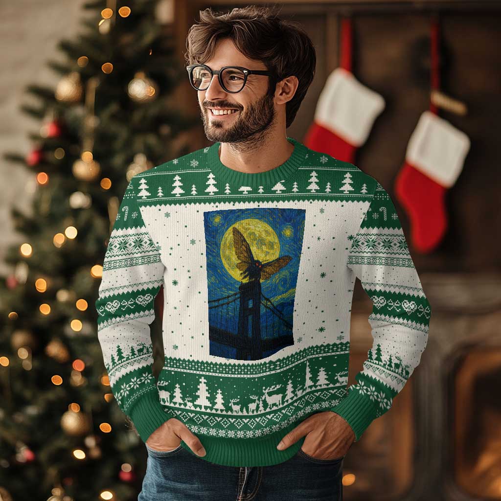 Mothman Starry Night Ugly Christmas Sweater Van Gogh Cryptid Gift TS12 Beige Green Print Your Wear