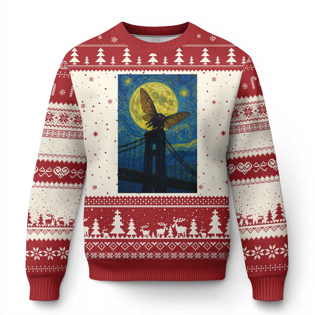 Mothman Starry Night Ugly Christmas Sweater Van Gogh Cryptid Gift TS12 Beige Red Print Your Wear