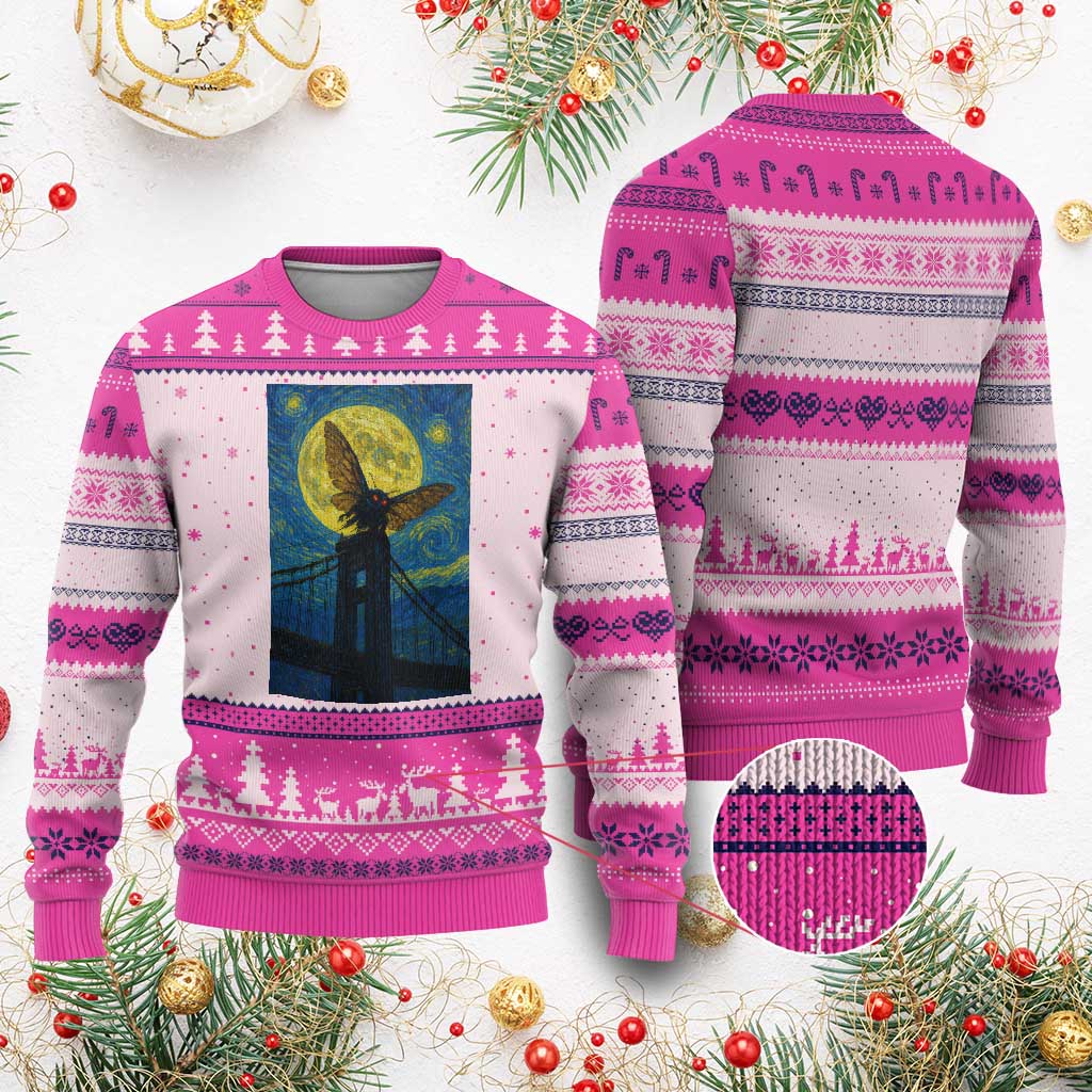 Mothman Starry Night Ugly Christmas Sweater Van Gogh Cryptid Gift TS12 Hot Pink Print Your Wear