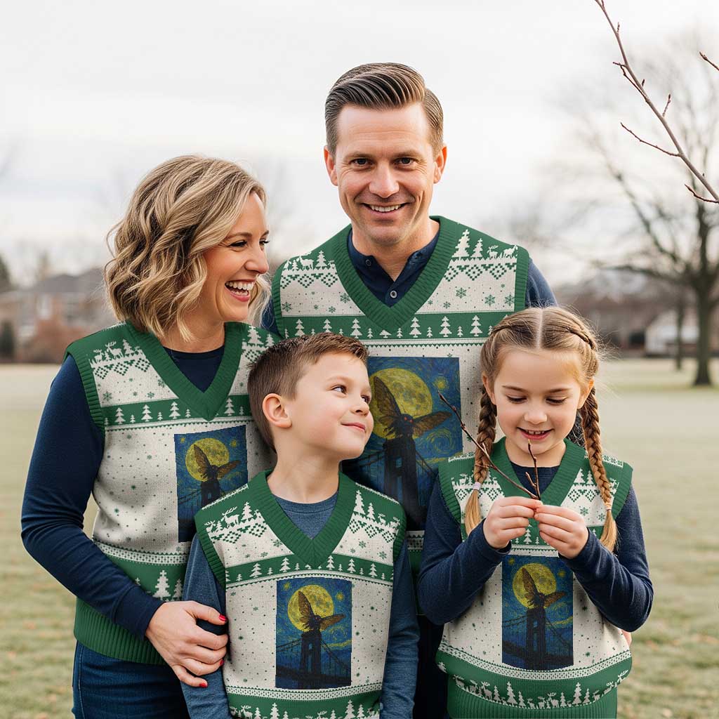 Mothman Starry Night V-Neck Knit Sweater Vest Van Gogh Cryptid Gift TS12 Beige Green Print Your Wear