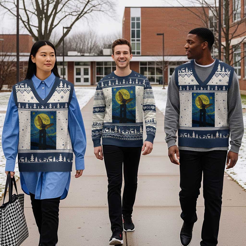 Mothman Starry Night V-Neck Knit Sweater Vest Van Gogh Cryptid Gift TS12 Beige Navy Print Your Wear