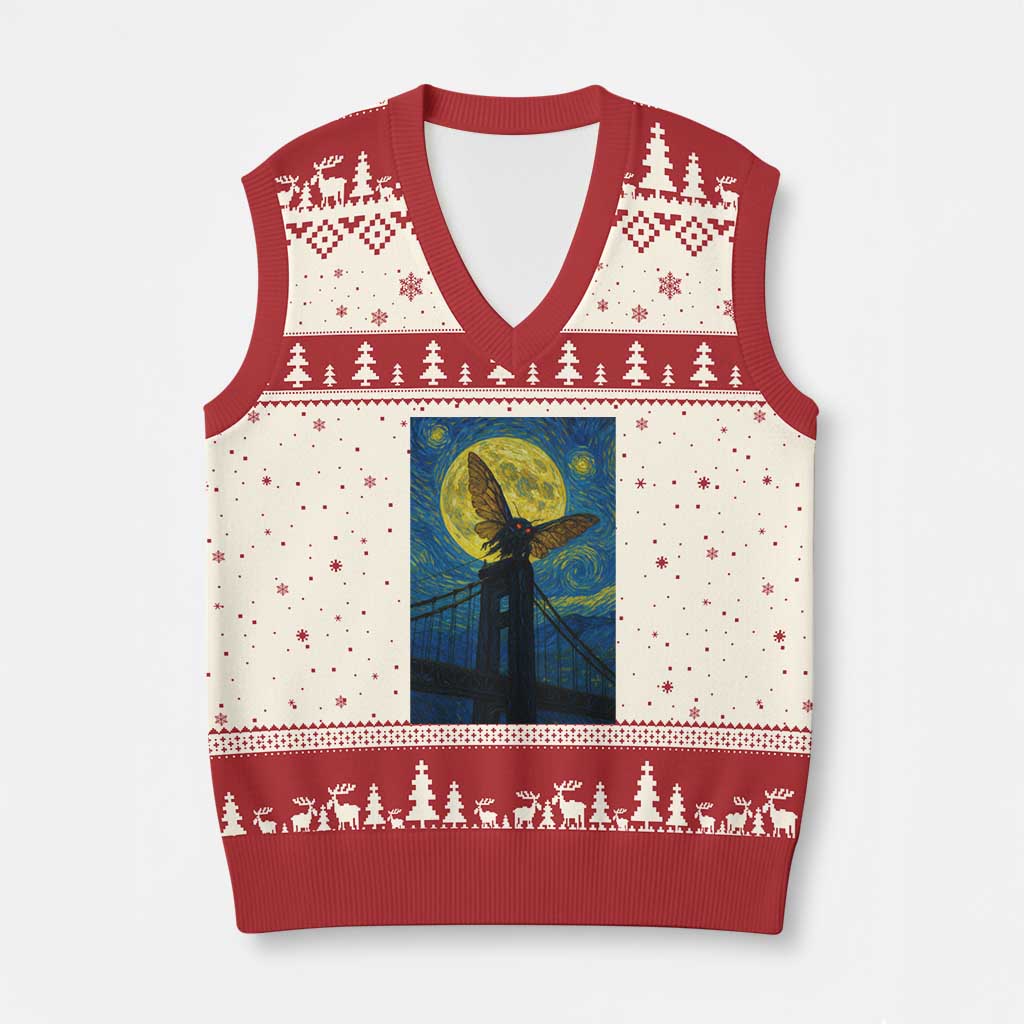 Mothman Starry Night V-Neck Knit Sweater Vest Van Gogh Cryptid Gift TS12 Beige Red Print Your Wear