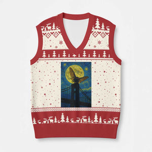 Mothman Starry Night V-Neck Knit Sweater Vest Van Gogh Cryptid Gift TS12 Beige Red Print Your Wear