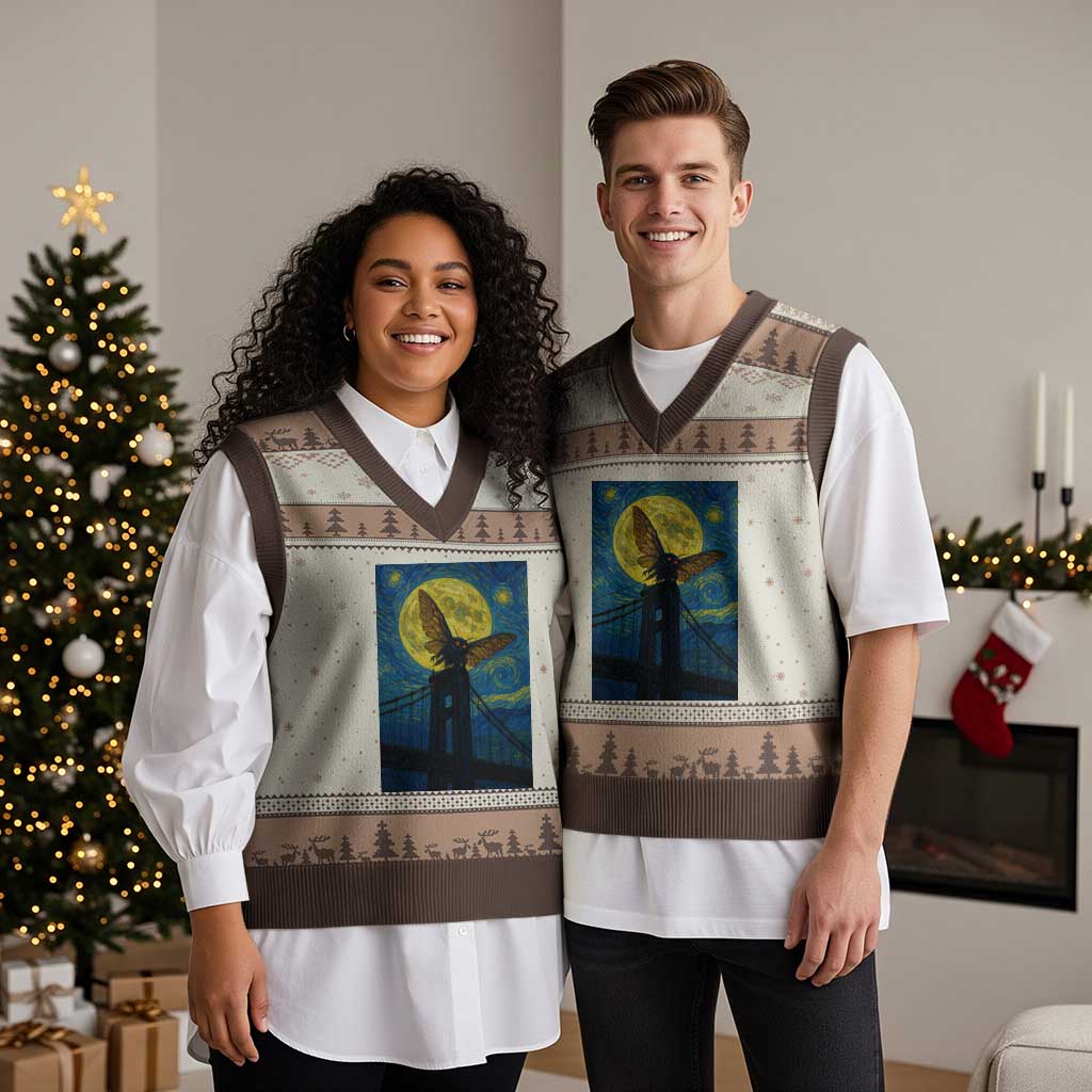Mothman Starry Night V-Neck Knit Sweater Vest Van Gogh Cryptid Gift TS12 Mocha Mousse Print Your Wear