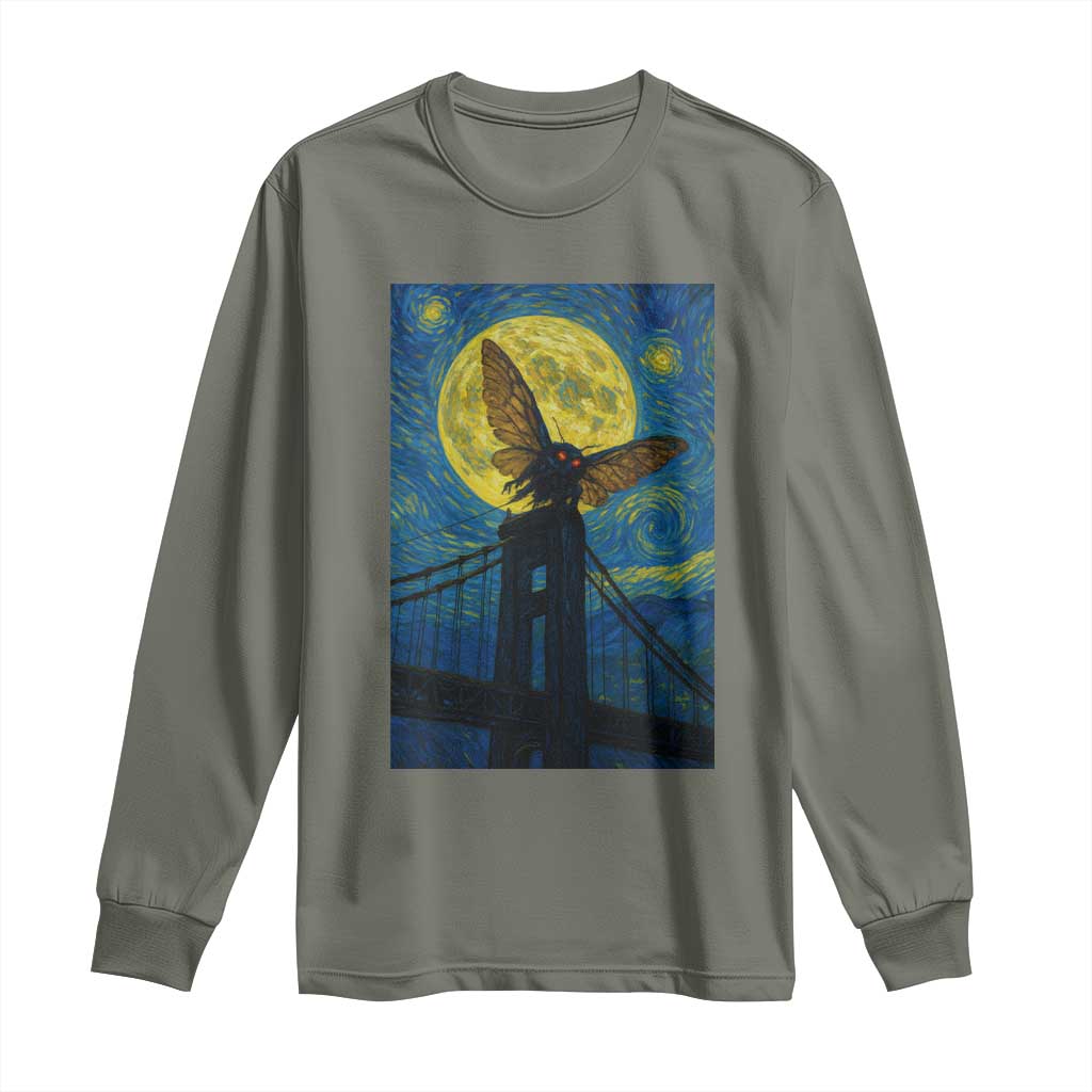 Mothman Starry Night Long Sleeve Shirt Van Gogh Cryptid Gift TS12 Military Green Print Your Wear