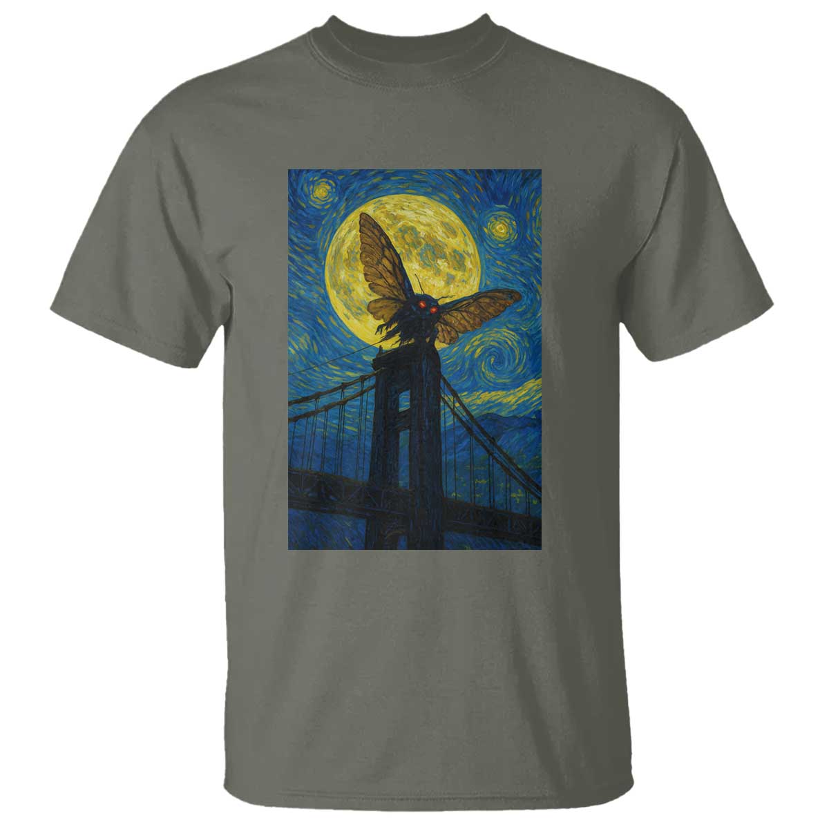 Mothman Starry Night T Shirt Van Gogh Cryptid Gift TS12 Military Green Print Your Wear