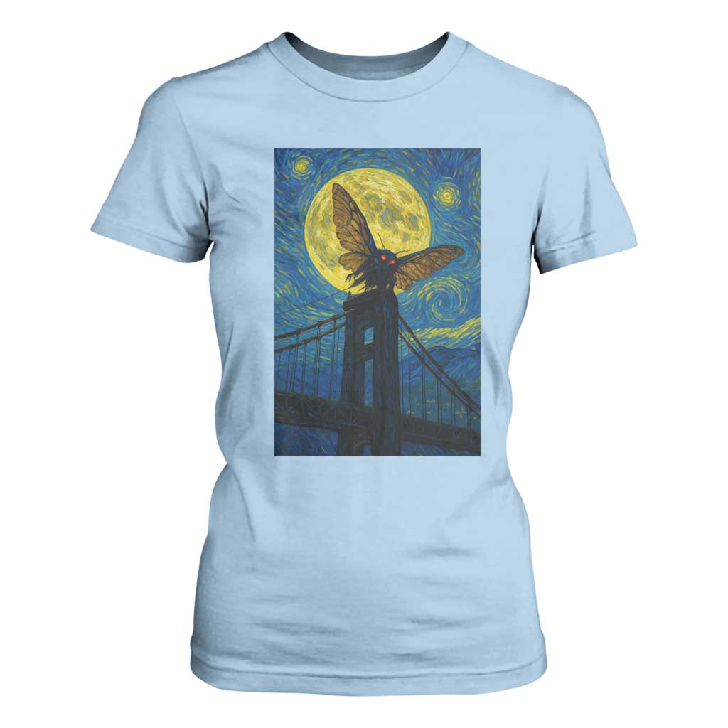 Mothman Starry Night T Shirt For Women Van Gogh Cryptid Gift TS12 Light Blue Print Your Wear