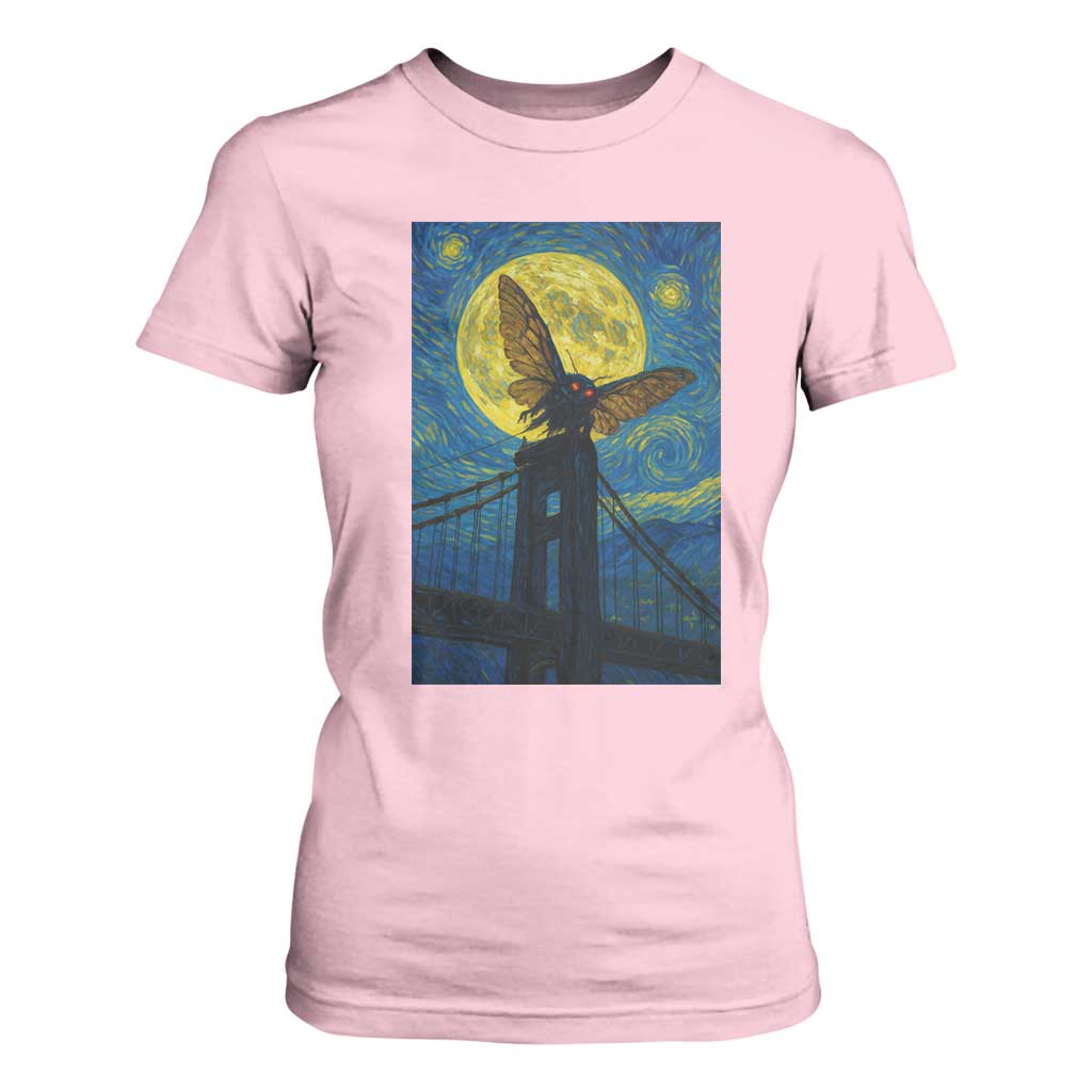 Mothman Starry Night T Shirt For Women Van Gogh Cryptid Gift TS12 Light Pink Print Your Wear