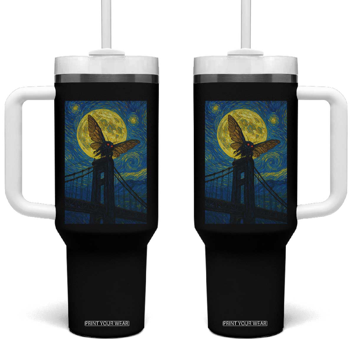 Mothman Starry Night Tumbler With Handle Van Gogh Cryptid Gift TS12 One Size: 40 oz Black Print Your Wear
