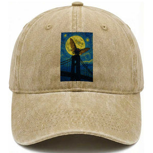 Mothman Starry Night Washed Cotton Baseball Cap Van Gogh Cryptid Gift TS12 Print Your Wear