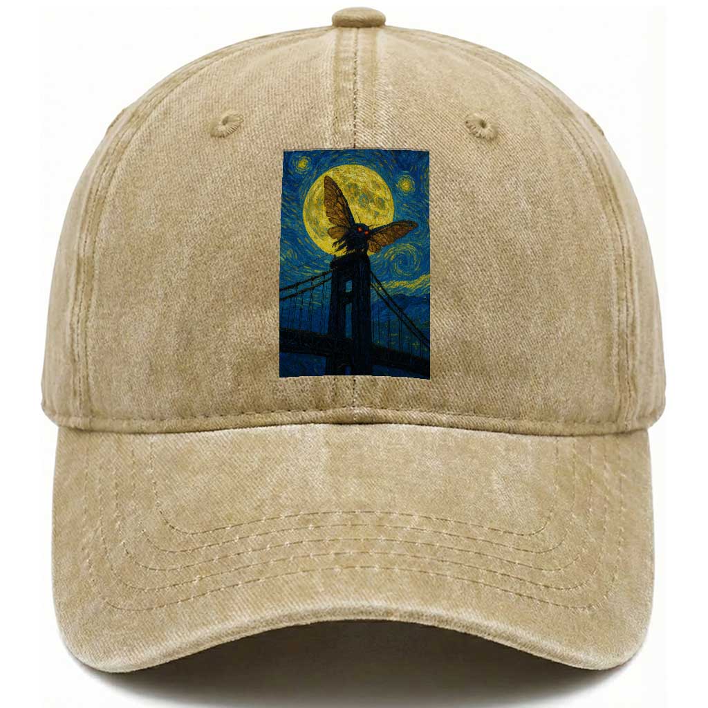 Mothman Starry Night Washed Cotton Baseball Cap Van Gogh Cryptid Gift TS12 Print Your Wear