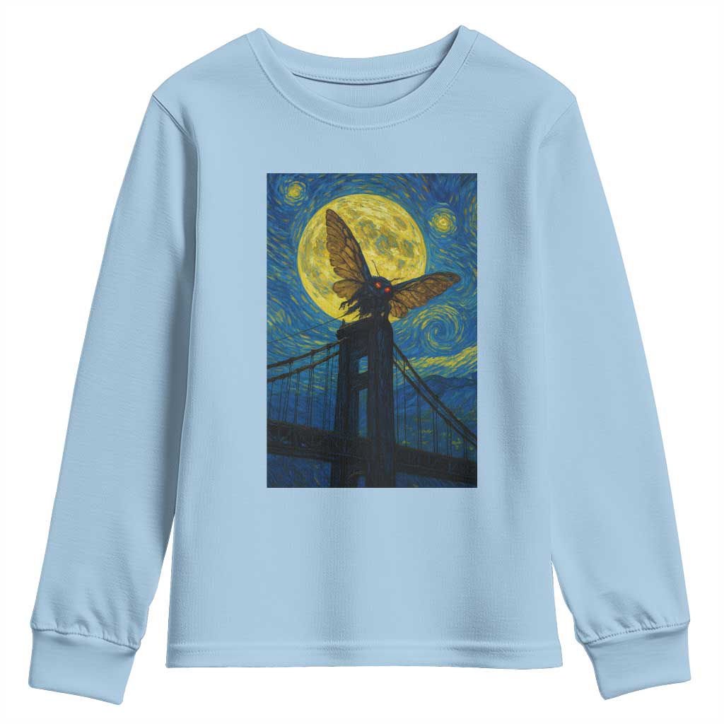 Mothman Starry Night Youth Sweatshirt Van Gogh Cryptid Gift TS12 Light Blue Print Your Wear