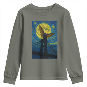 Mothman Starry Night Youth Sweatshirt Van Gogh Cryptid Gift TS12 Military Green Print Your Wear