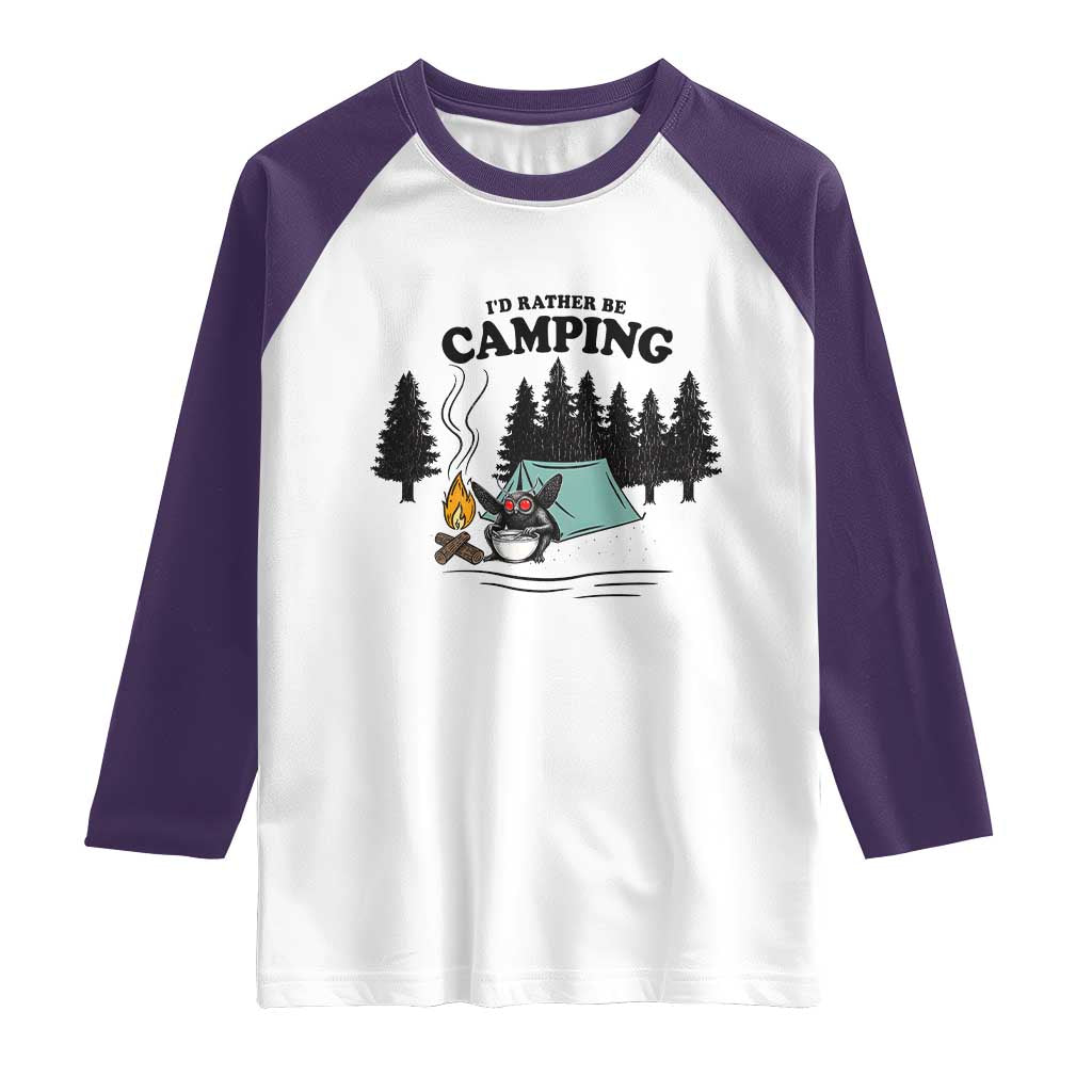 Mothman Raglan Shirt Id Rather Be Camping Funny Cryptid Gift TS12 White Purple Print Your Wear