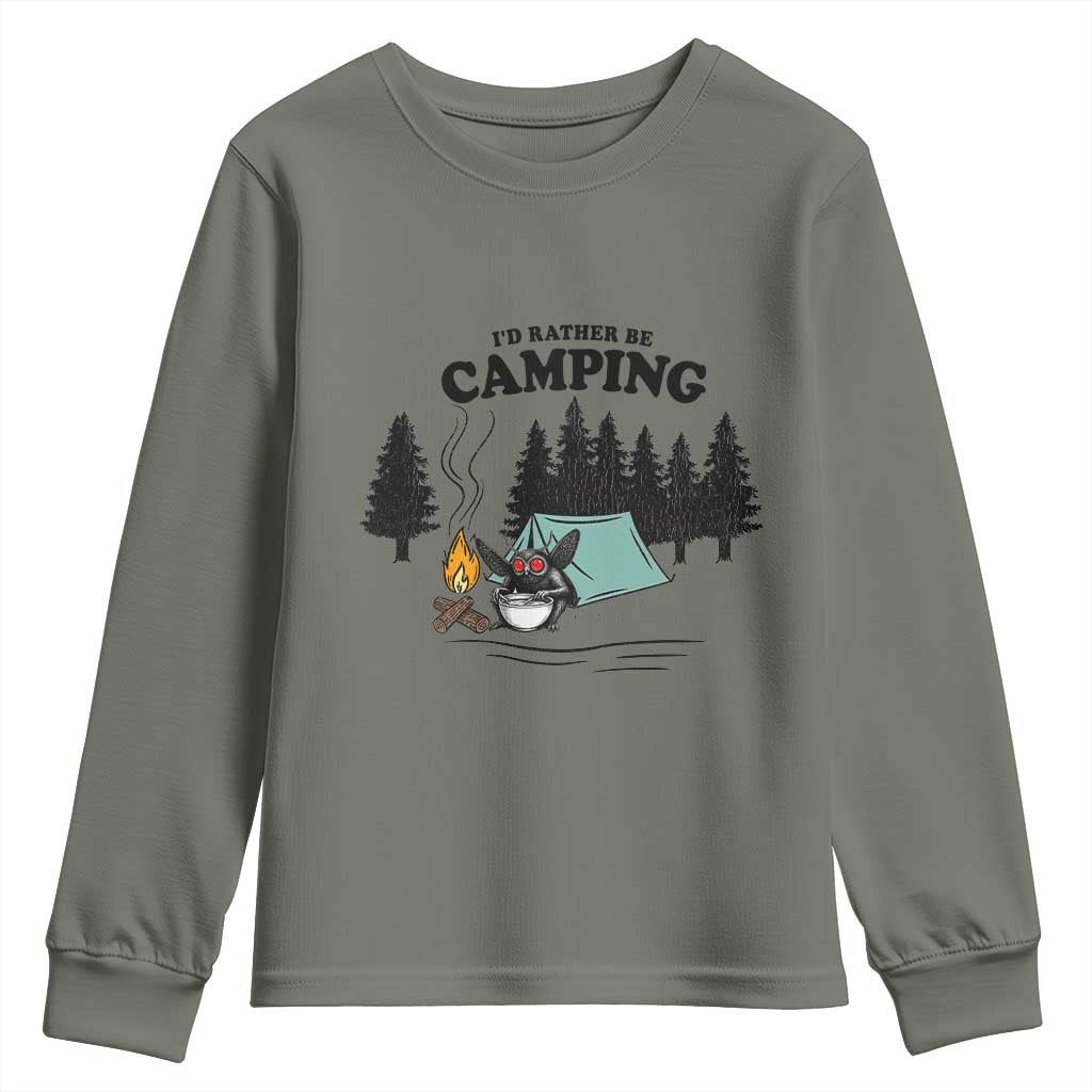 Mothman Youth Sweatshirt Id Rather Be Camping Funny Cryptid Gift TS12 Military Green Print Your Wear