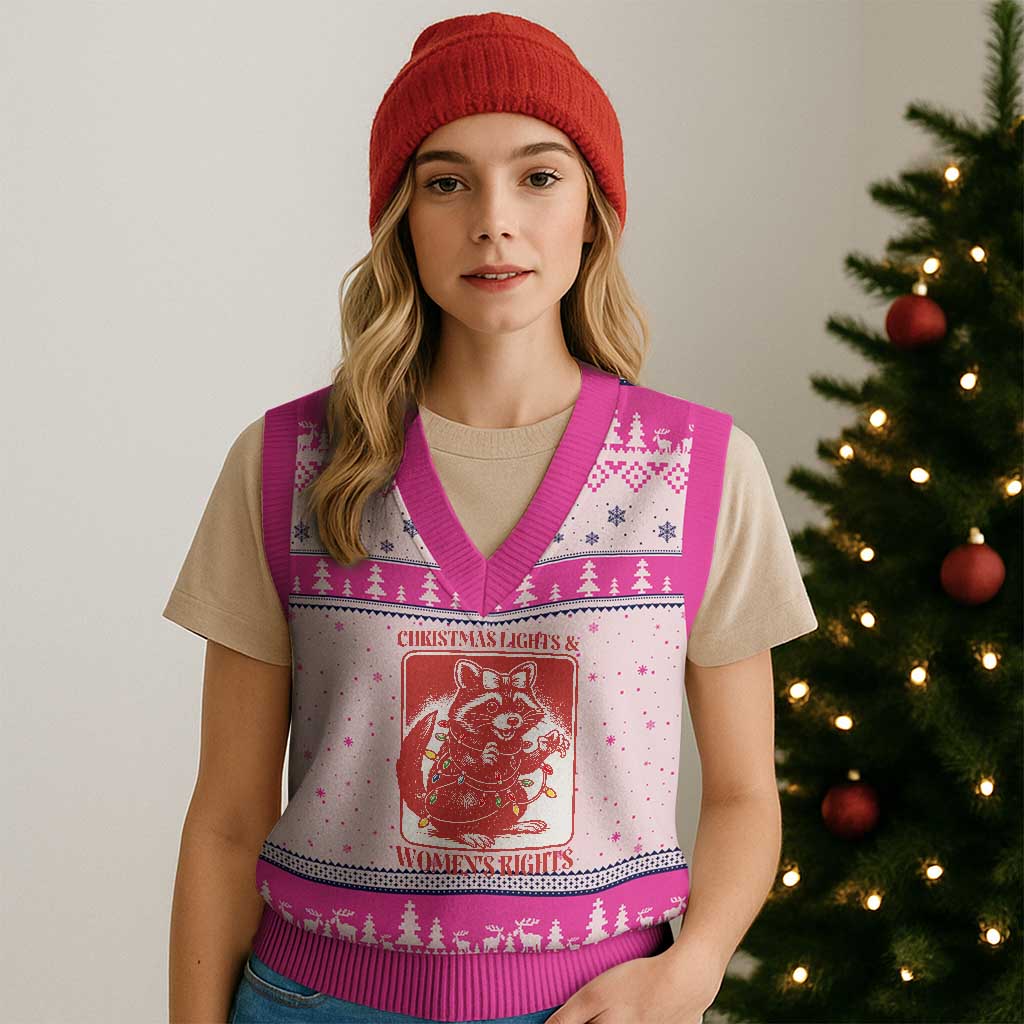 Xmas Lights And Womens Rights V-Neck Knit Sweater Vest Raccoon Female Rage Holiday Gift TS12 Hot Pink Print Your Wear