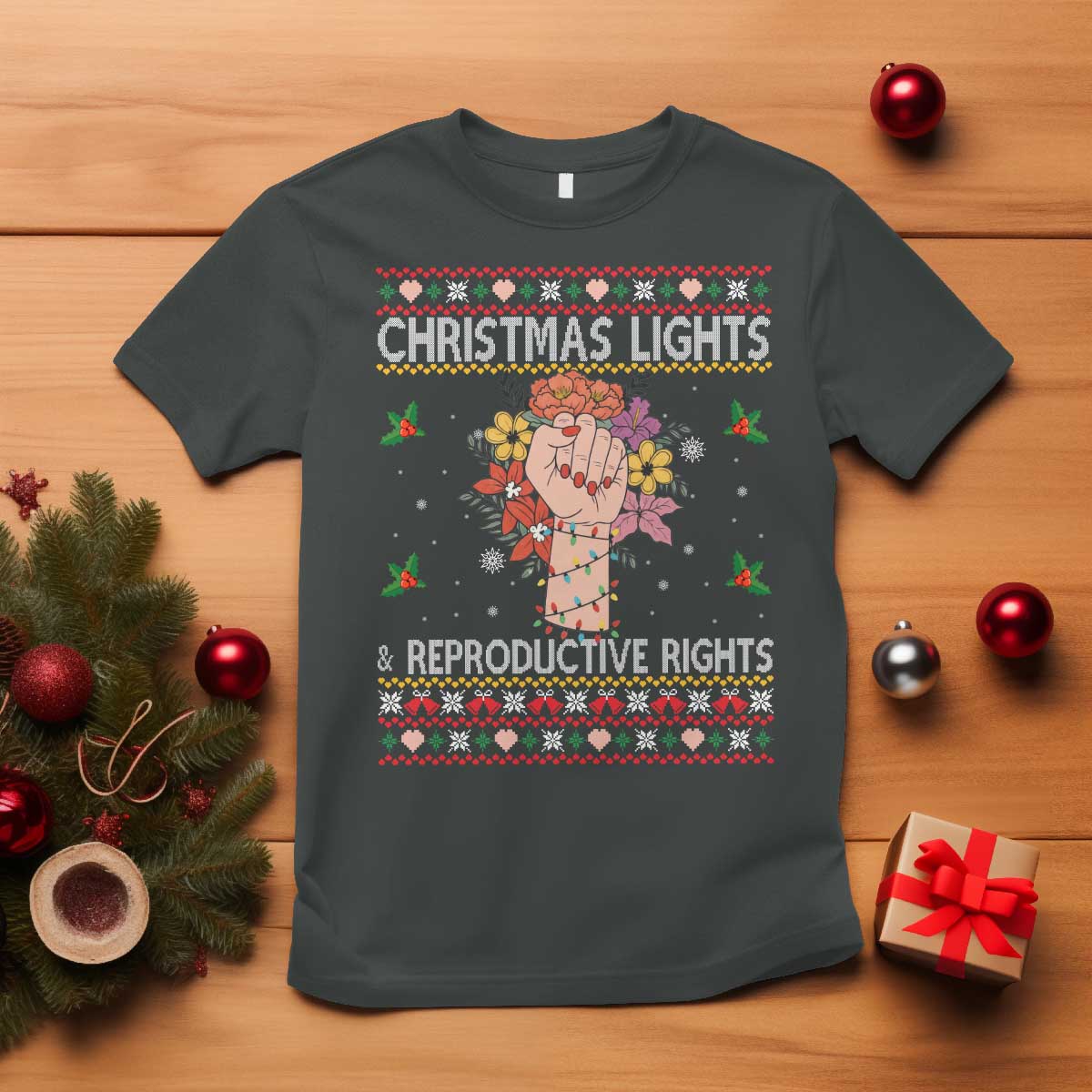 Funny Feminist Lights And Reproductive Rights T Shirt Ugly Christmas Gift TS12 Dark Heather Print Your Wear
