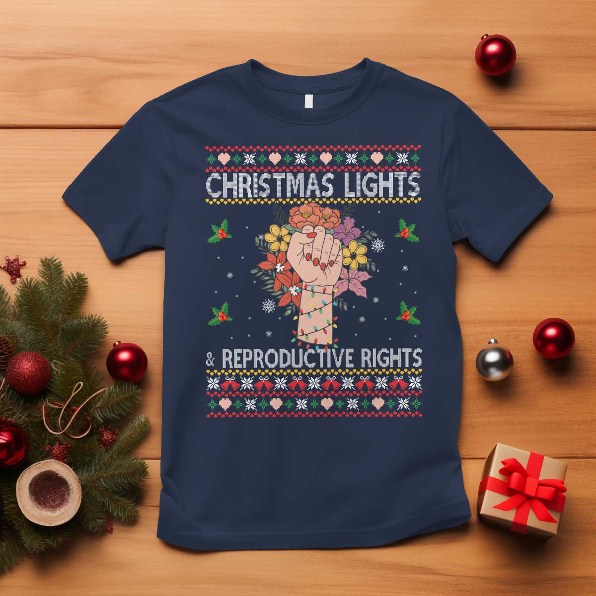 Funny Feminist Lights And Reproductive Rights T Shirt Ugly Christmas Gift TS12 Navy Print Your Wear
