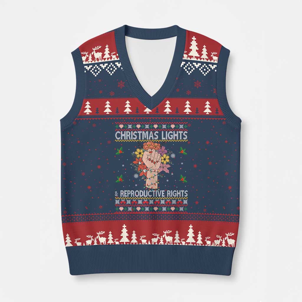 Funny Feminist Lights And Reproductive Rights V-Neck Knit Sweater Vest Ugly Xmas Gift TS12 Navy Red Print Your Wear