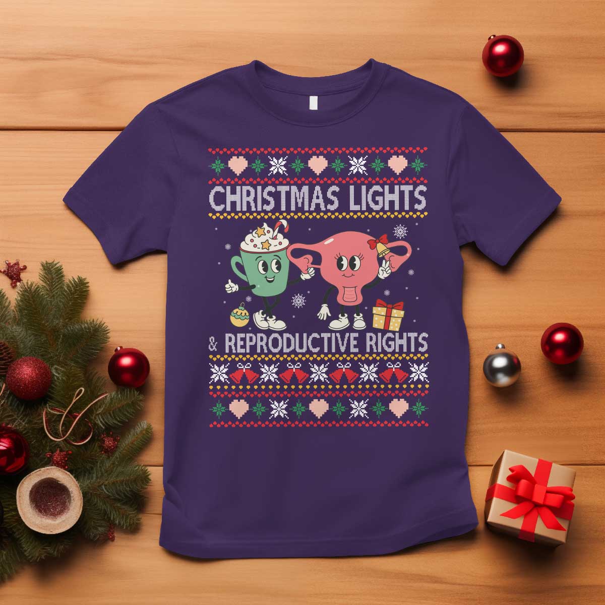 Funny Feminist Christmas Lights And Reproductive Rights Ugly Holiday Gift T Shirt TS12 Purple Print Your Wear