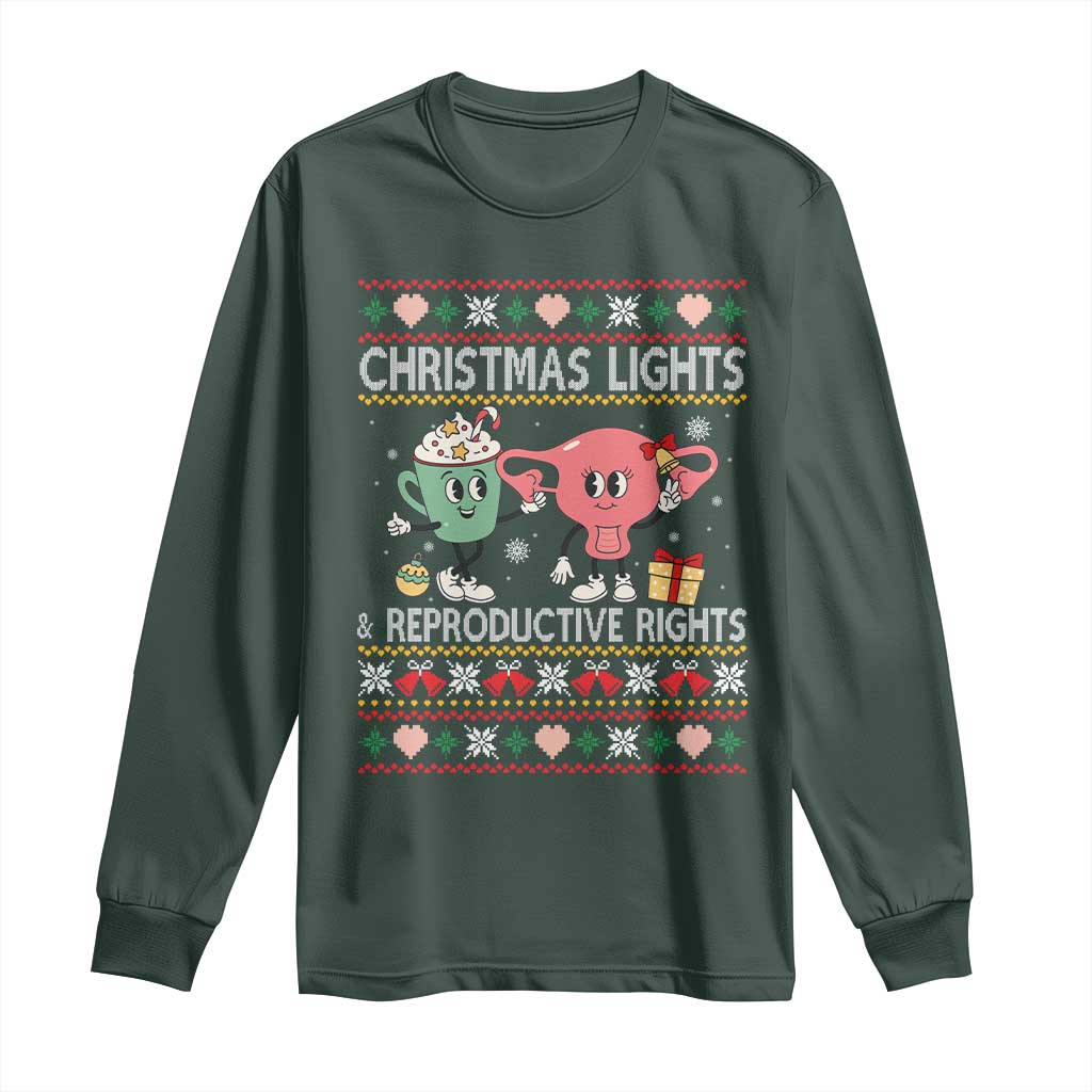 Funny Feminist Christmas Lights And Reproductive Rights Ugly Holiday Gift Long Sleeve Shirt TS12 Dark Forest Green Print Your Wear