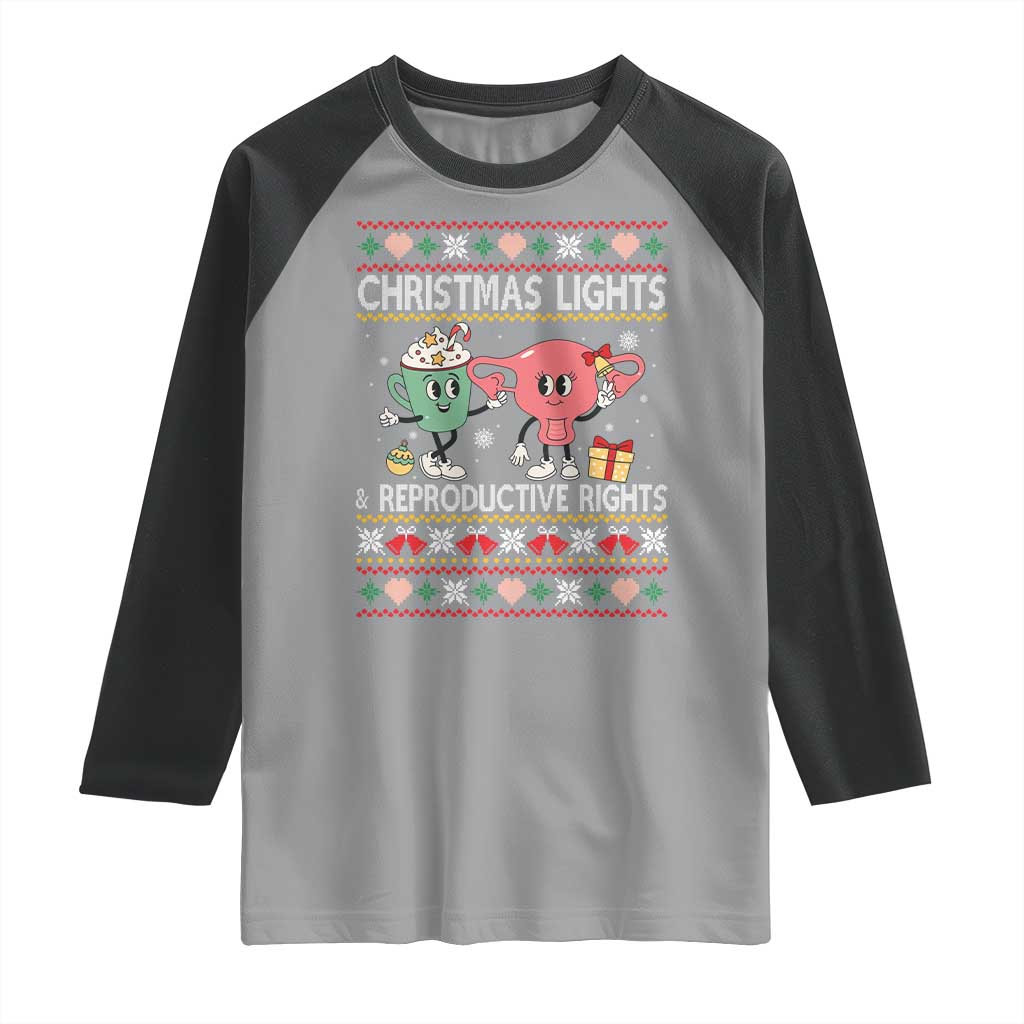 Funny Feminist Christmas Lights And Reproductive Rights Ugly Holiday Gift Raglan Shirt TS12 Sport Gray Black Print Your Wear