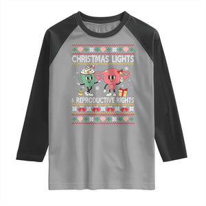 Funny Feminist Christmas Lights And Reproductive Rights Ugly Holiday Gift Raglan Shirt TS12 Sport Gray Black Print Your Wear