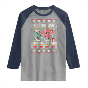 Funny Feminist Christmas Lights And Reproductive Rights Ugly Holiday Gift Raglan Shirt TS12 Sport Gray Navy Print Your Wear