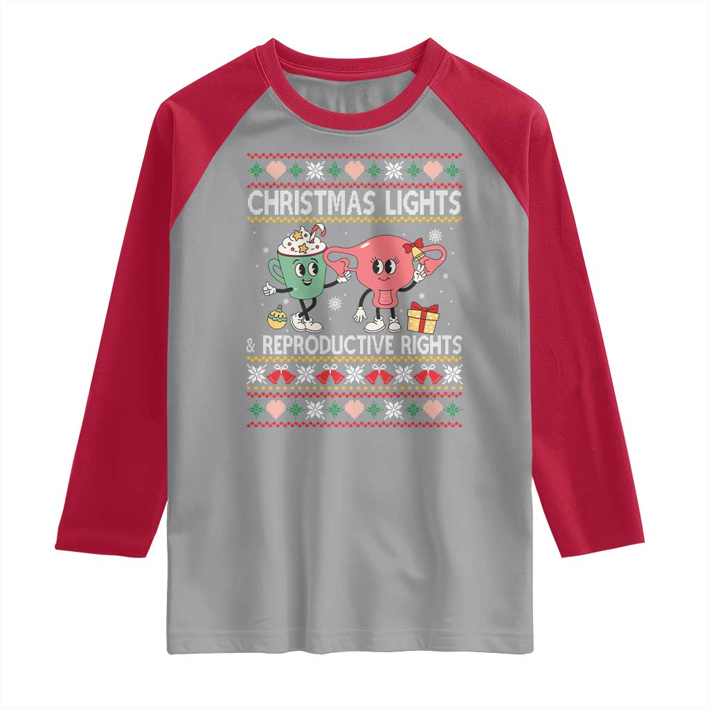 Funny Feminist Christmas Lights And Reproductive Rights Ugly Holiday Gift Raglan Shirt TS12 Sport Gray Red Print Your Wear