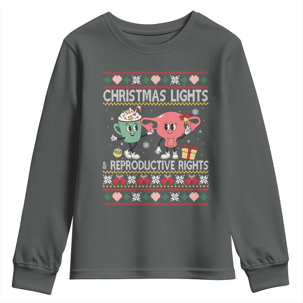 Funny Feminist Christmas Lights And Reproductive Rights Ugly Holiday Gift Youth Sweatshirt TS12 Dark Heather Print Your Wear