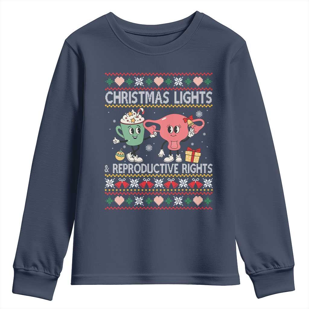 Funny Feminist Christmas Lights And Reproductive Rights Ugly Holiday Gift Youth Sweatshirt TS12 Navy Print Your Wear