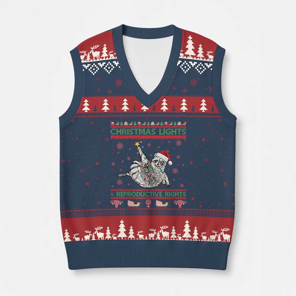 Christmas Lights And Reproductive Rights Ugly Christmas V-Neck Knit Sweater Vest Feminist Raccoon Gift TS12 Navy Red Print Your Wear