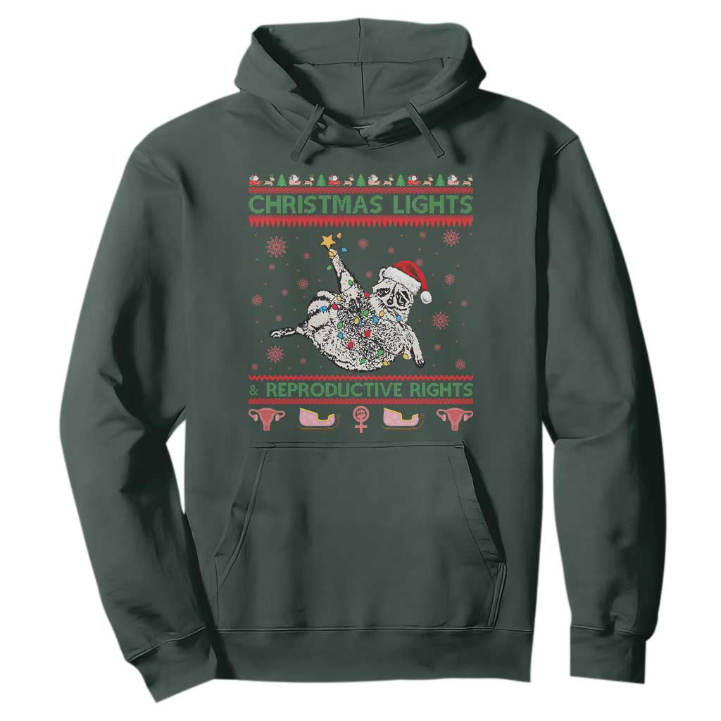Christmas Lights And Reproductive Rights Ugly Christmas Hoodie Feminist Raccoon Gift TS12 Dark Forest Green Print Your Wear