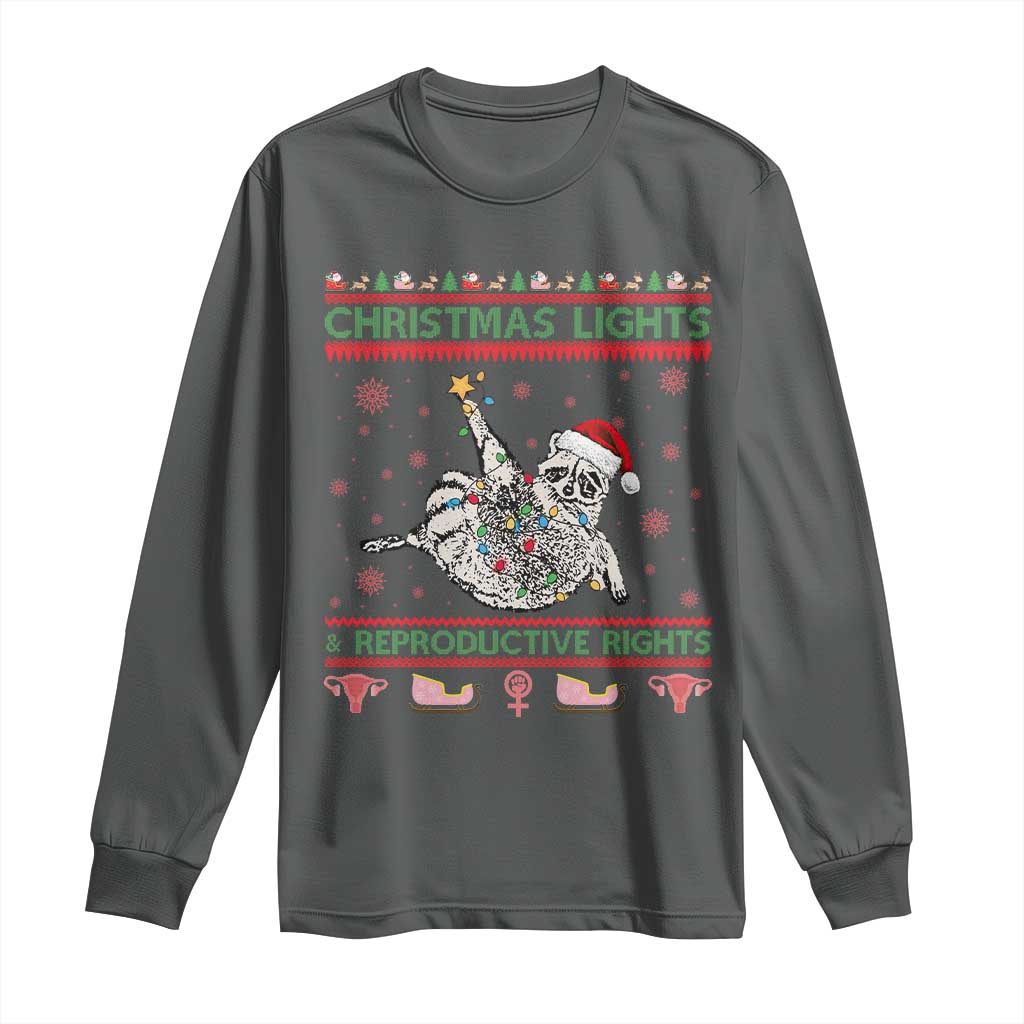 Christmas Lights And Reproductive Rights Ugly Christmas Long Sleeve Shirt Feminist Raccoon Gift TS12 Dark Heather Print Your Wear