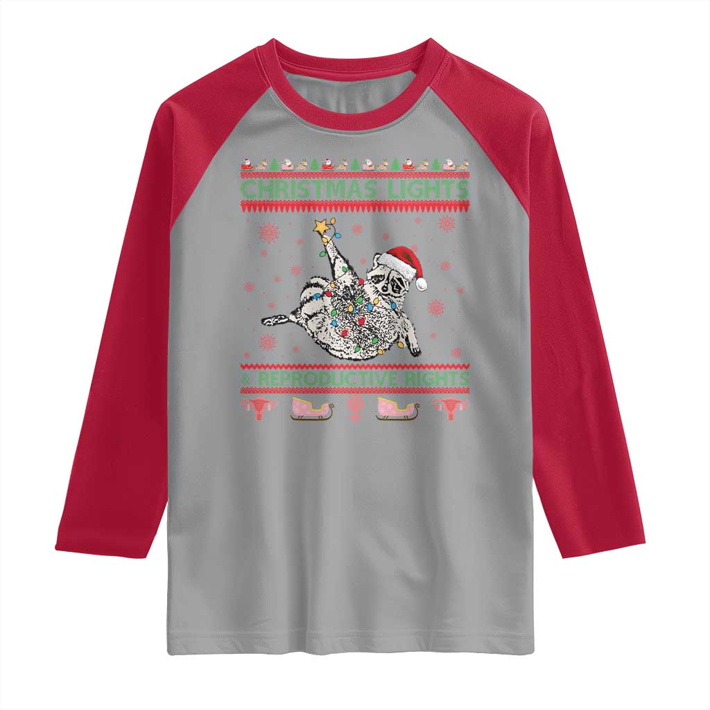 Christmas Lights And Reproductive Rights Ugly Christmas Raglan Shirt Feminist Raccoon Gift TS12 Sport Gray Red Print Your Wear