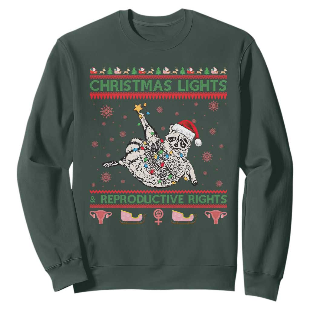 Christmas Lights And Reproductive Rights Ugly Christmas Sweatshirt Feminist Raccoon Gift TS12 Dark Forest Green Print Your Wear