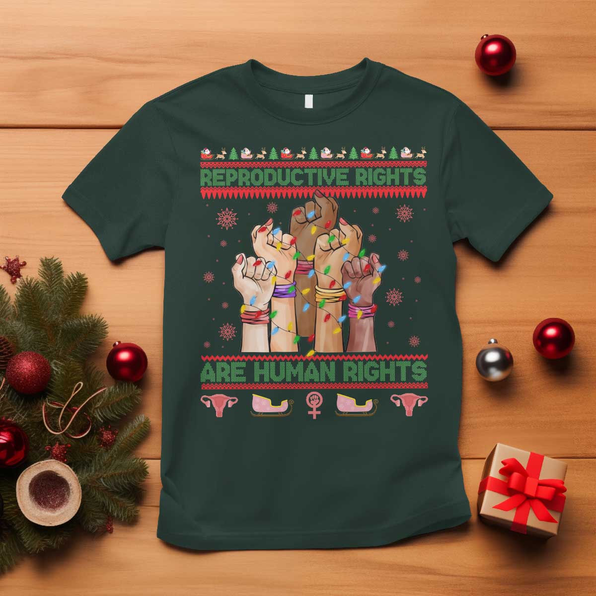 Ugly Christmas Feminist Raccoon Gift T Shirt Reproductive Rights Are Human Rights TS12 Dark Forest Green Print Your Wear